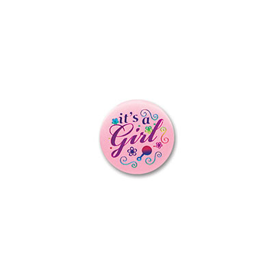 It's A Girl Satin Pink Button with bright lettering and designs 