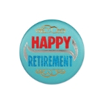 Happy Retirement Satin Blue Button with bold red and blue lettering with gold and silver designs 