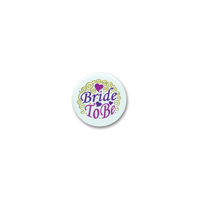 Bride To Be Satin White Button with purple and pink lettering and gold designs 