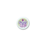 Bride To Be Satin White Button with purple and pink lettering and gold designs 