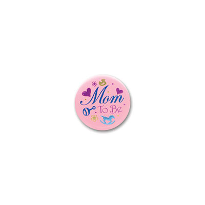 Mom To Be Satin Pink Button with blue and pink lettering with hearts