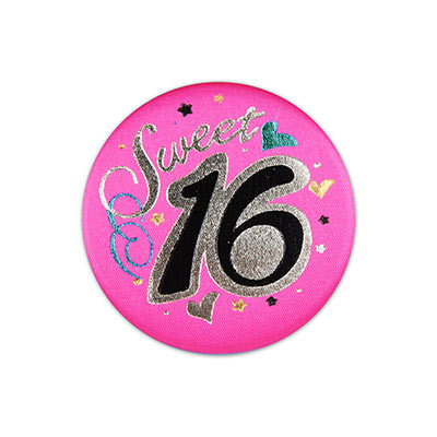 Sweet 16 Satin Pink Button Silver and black lettering with hearts