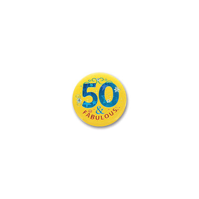 50 & Fantastic Satin Yellow Button with blue and red lettering and swirl designs 