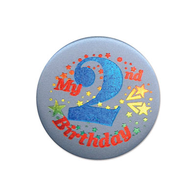 My 2nd Birthday Satin Light Blue Button with red and dark blue lettering and star designs 