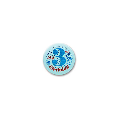 My 3rd Birthday Satin Light Blue Button with dark blue and red lettering and star designs 