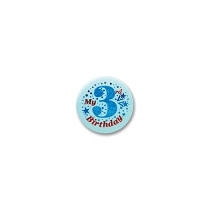 My 3rd Birthday Satin Light Blue Button with dark blue and red lettering and star designs 