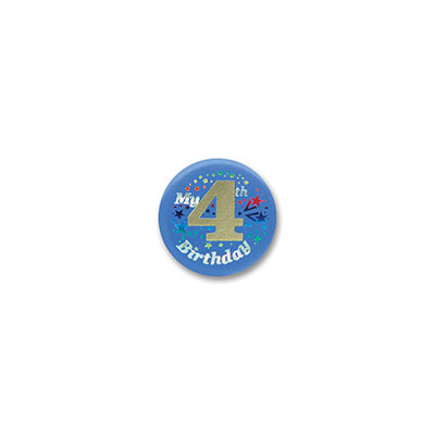 My 4th Birthday Satin Light Blue Button with silver lettering and star designs 