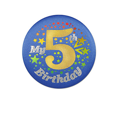 My 5th Birthday Satin Blue Button with gold and silver lettering and star designs 