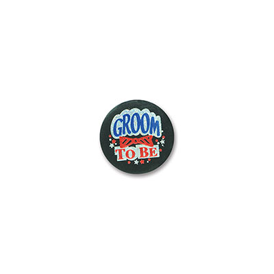 Groom To Be Satin Black Button with red and blue lettering outlined in silver and star designs 