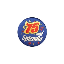 75 & Splendid Satin Blue Button with red and silver lettering and star designs 