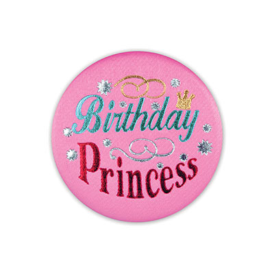 Birthday Princess Satin Pink Button with blue and red lettering with star and swirl designs 