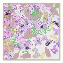 It's A Girl Confetti with bottles, teddy bears, safety pins and rocking horse cutouts