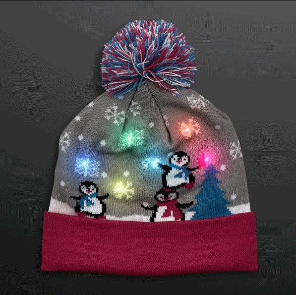 Beanie with cute penguins and multi-color lights. 