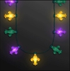 Necklace with green, yellow and purple Fleur de Lis designs that lights up.