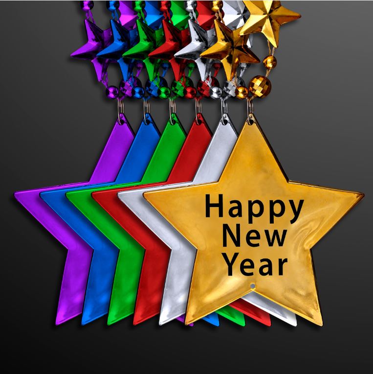 Happy New Year Star Beads (Pack of 12) New Year Star Beads, new years eve, star beads, party favor, wholesale, inexpensive, bulk, nye, countdown, new years