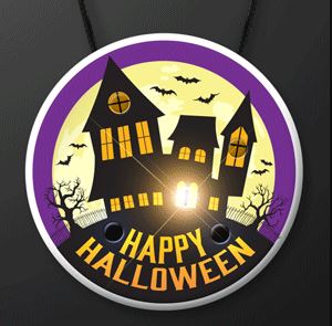 Haunted House Light Up Halloween Necklace that says Happy Halloween with a black lanyard 