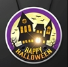 Haunted House Light Up Halloween Necklace that says Happy Halloween with a black lanyard 