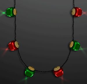 Red and Green Jingle Bells Blinking Christmas Necklace with black lanyard 