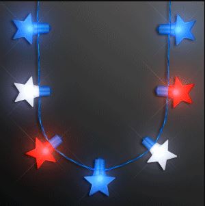 Necklace with red, white and blue stars that lights up.