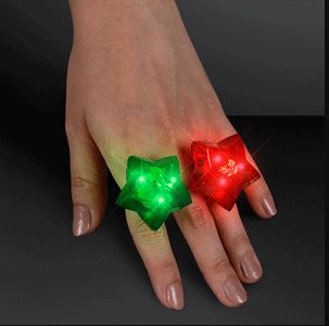 LED Sparkling Stars Christmas Rings. These LED Sparkling Star Christmas rings will bring flare to any Holiday party outfit.