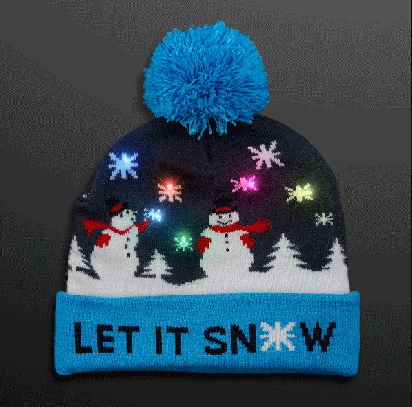 Winter snowman beanie with multi-color lights. 
