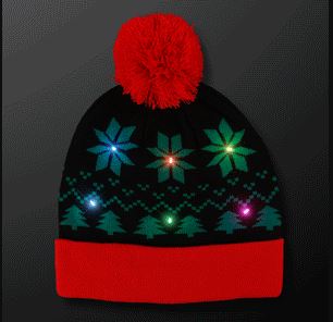 Christtmas beanie with trees, snowflakes and multi-color lights. 
