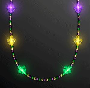 Necklace with beads and light up Fleur de Lis in colors of purple, yellow and green.
