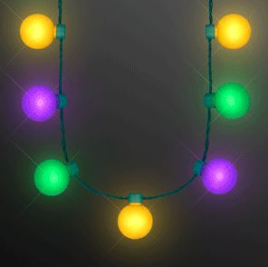 Necklace with globes that lights up yellow, green and purple. 