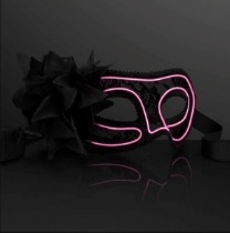 Pink light up colored wire mask with feathers on the side. 