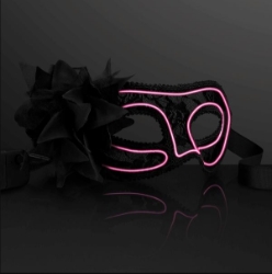 Pink light up colored wire mask with feathers on the side. 