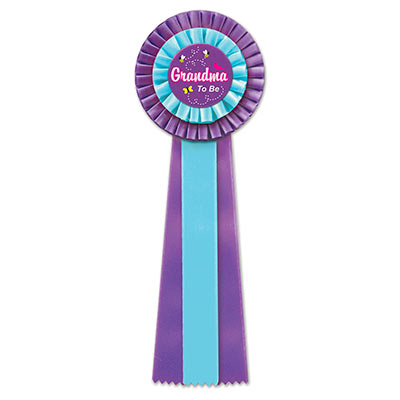 Purple and Blue Grandma To Be Deluxe Rosette with silver lettering outlined in pink with designs 