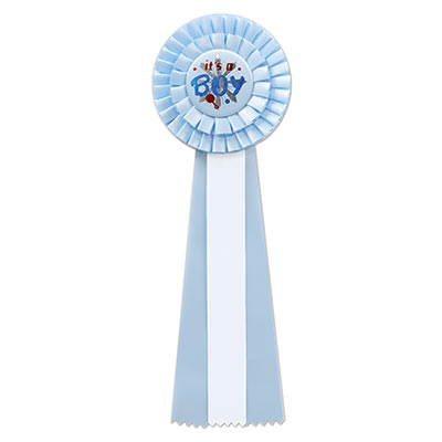 Blue and White Its A Boy Deluxe Rosette with bold blue metallic lettering and designs
