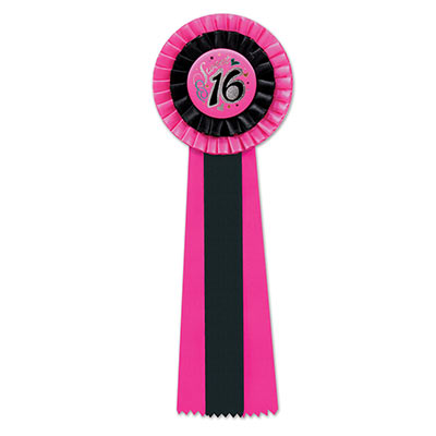 Black and Hot pink Sweet Sixteen Deluxe Rosette with black lettering outlined in silver and hearts designs 