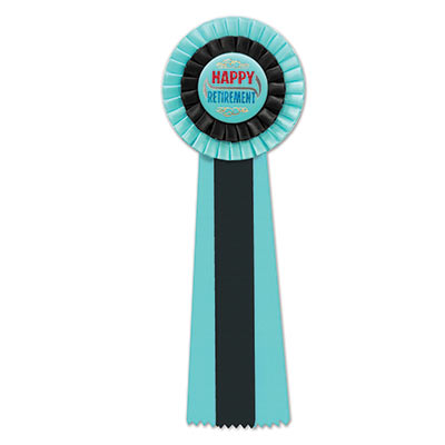 Black and blue Happy Retirement Deluxe Rosette with bold red and blue metallic lettering and swirl designs 