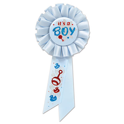 It's A Boy Light blue Rosette with red and dark blue metallic lettering and baby image designs 
