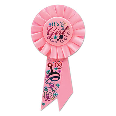 Its A Girl Pink Rosette with fancy metallic lettering and flower, baby rattle, and swirl designs 