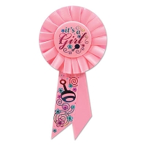 It's A Girl Pink Rosette with fancy metallic lettering and flower, baby rattle, and swirl designs 