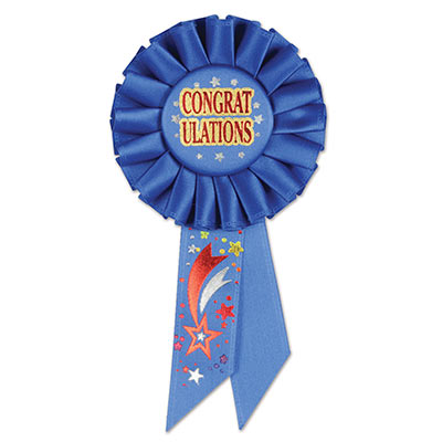 Congratulations Blue Rosette with bold red metallic lettering outlined in gold and red/silver shooting star designs 