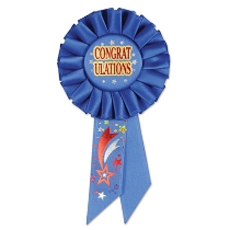 Congratulations Blue Rosette with bold red metallic lettering outlined in gold and red/silver shooting star designs 