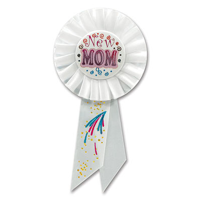 New Mom White Rosette with red lettering outlined in pink and swirl designs