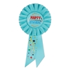 Happy Retirement Blue Rosette with red and blue metallic lettering and star/swirl designs 