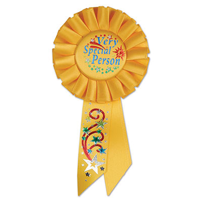 Very Special Person Yellow Rosette with blue lettering and blue, green, silver and red swirl/star designs 