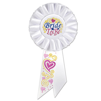 Bride To Be White Rosette with blue and pink metallic lettering and heart/swirl designs 