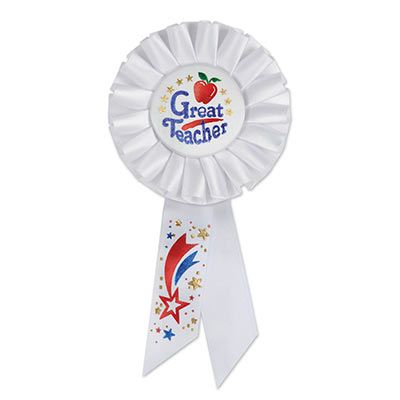 Great Teacher White Rosette with bold blue metallic lettering and multi colored shooting star and apple image 