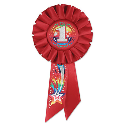 Red #1 Rosette with a bold # 1 in silver and multi colored shooting star with small silver star designs 