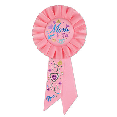 Mom To Be Pink Rosette with fancy lettering and heart/swirl designs 