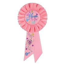 Mom To Be Pink Rosette with fancy lettering and heart/swirl designs 