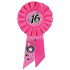 Sweet 16 Hot Pink Rosette with black lettering outlined in silver and hearts/swirls designs  