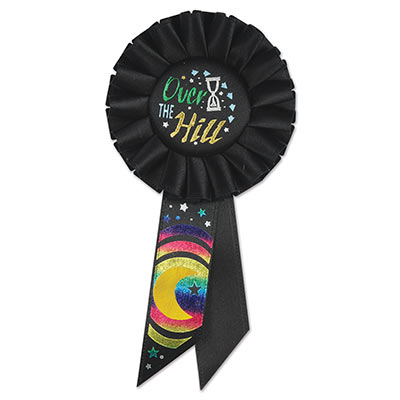Over The Hill Black Rosette with green and gold metallic lettering and designs 