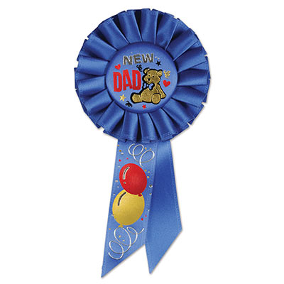 New Dad Blue Rosette with bold metallic lettering and teddy bear/ balloon designs  
